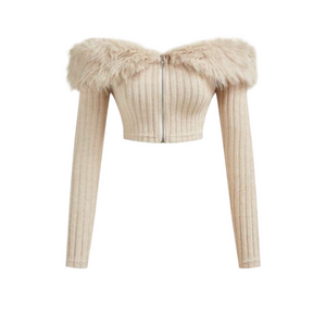 Faux Fur Trim Ribbed Zip-Front Crop Top in Beige